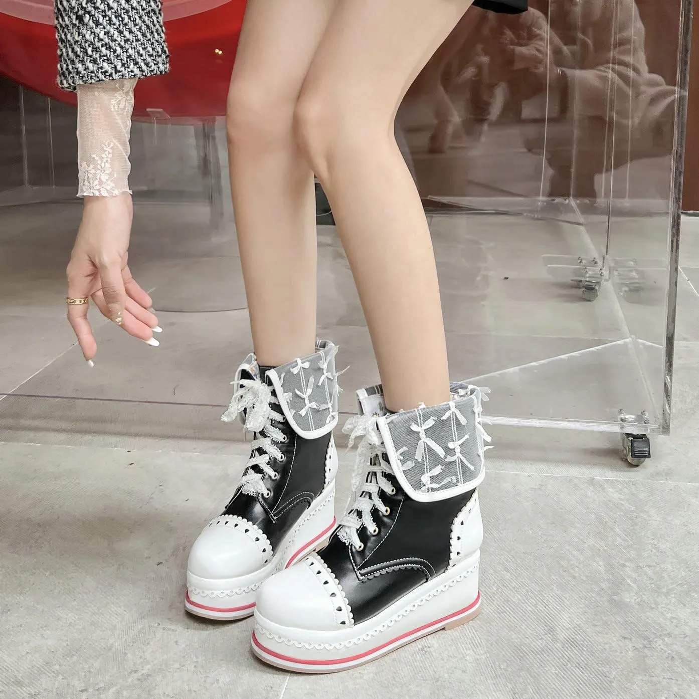 Betastella Women's Cute Platform Wedges Brogues Booties Heeled Kawaii Lace Up Ankle Boots