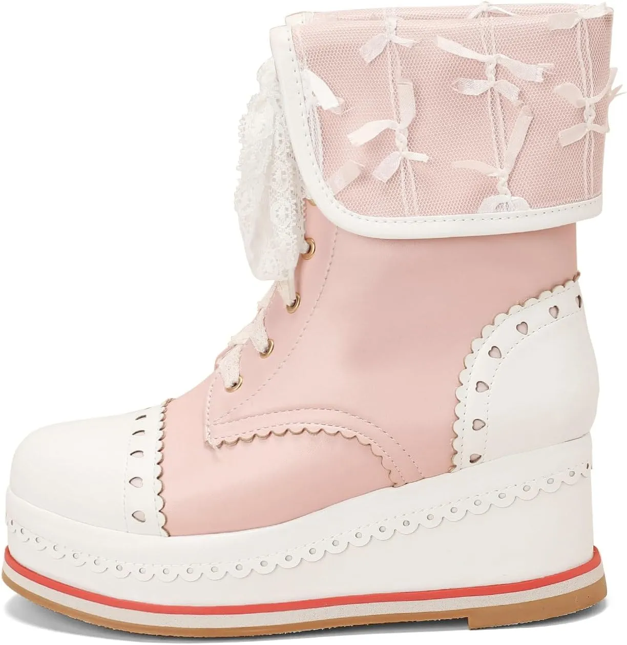 Betastella Women's Cute Platform Wedges Brogues Booties Heeled Kawaii Lace Up Ankle Boots