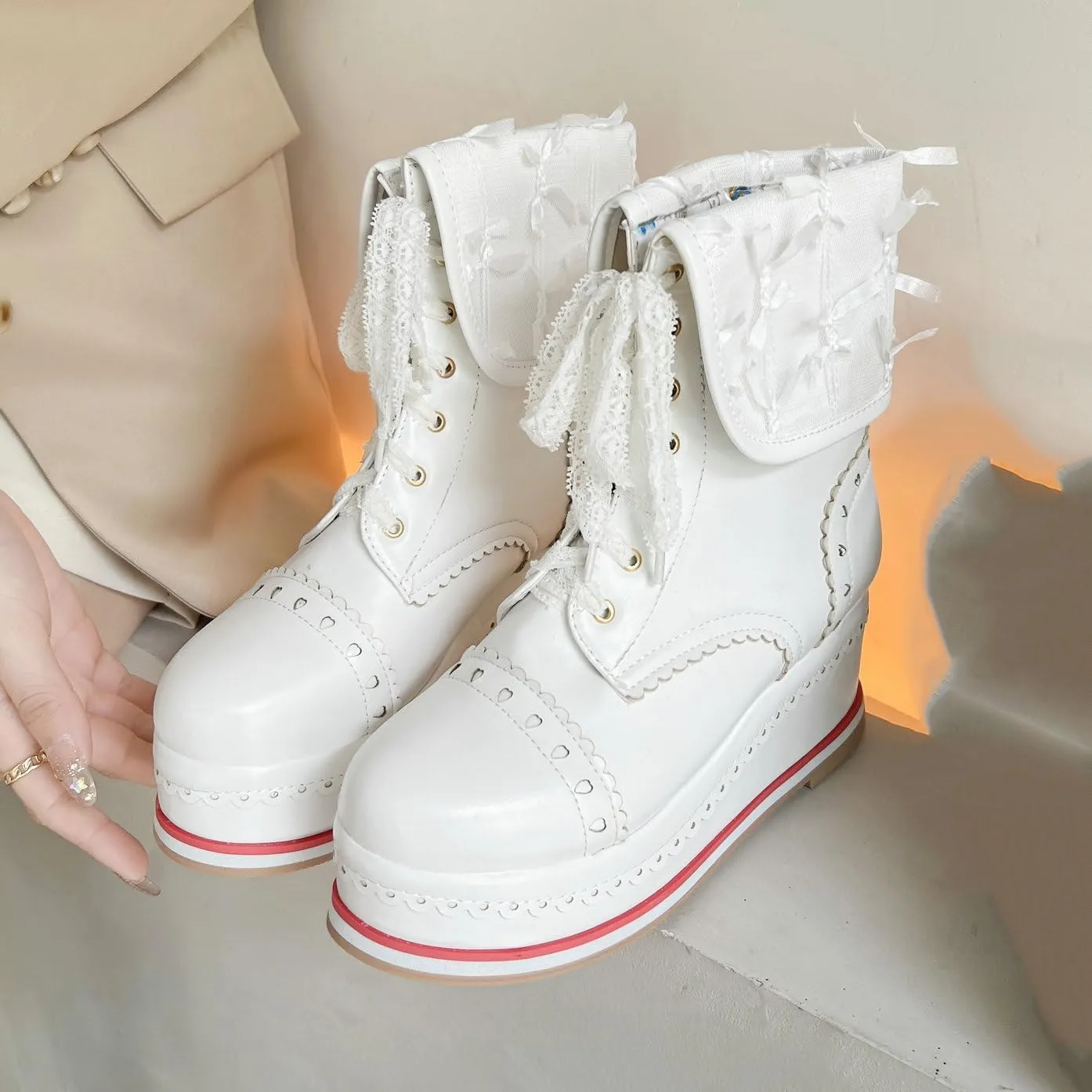 Betastella Women's Cute Platform Wedges Brogues Booties Heeled Kawaii Lace Up Ankle Boots