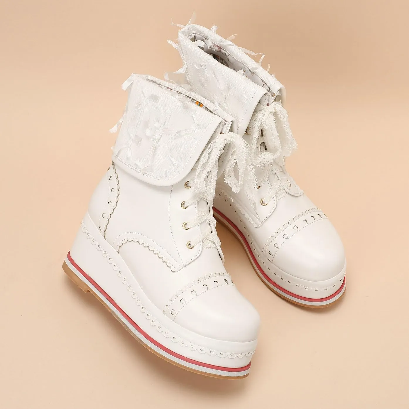 Betastella Women's Cute Platform Wedges Brogues Booties Heeled Kawaii Lace Up Ankle Boots