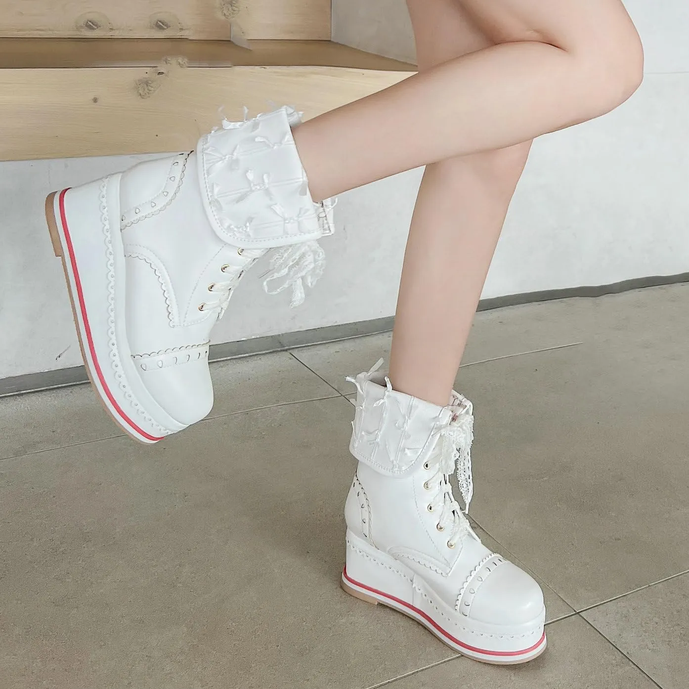 Betastella Women's Cute Platform Wedges Brogues Booties Heeled Kawaii Lace Up Ankle Boots