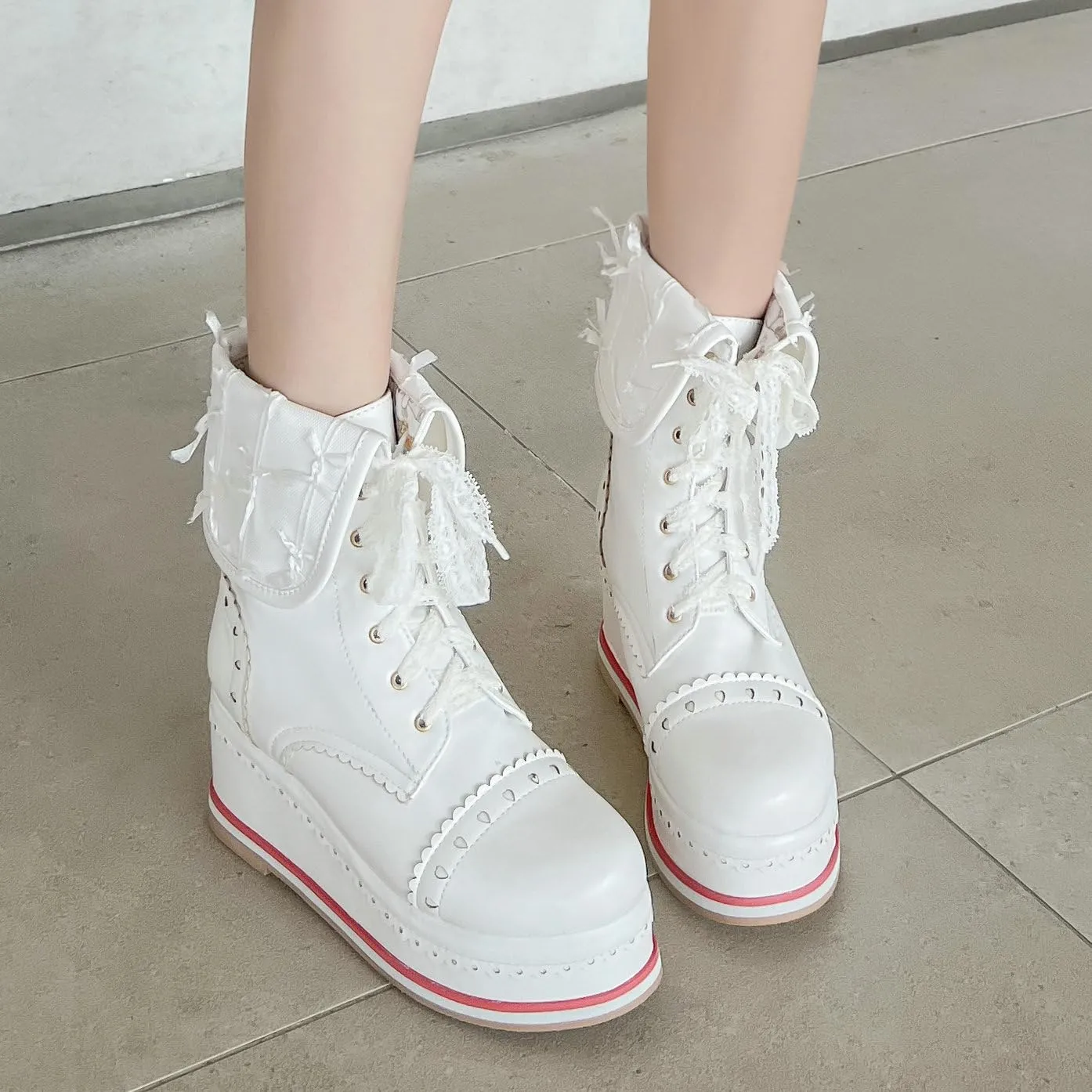 Betastella Women's Cute Platform Wedges Brogues Booties Heeled Kawaii Lace Up Ankle Boots