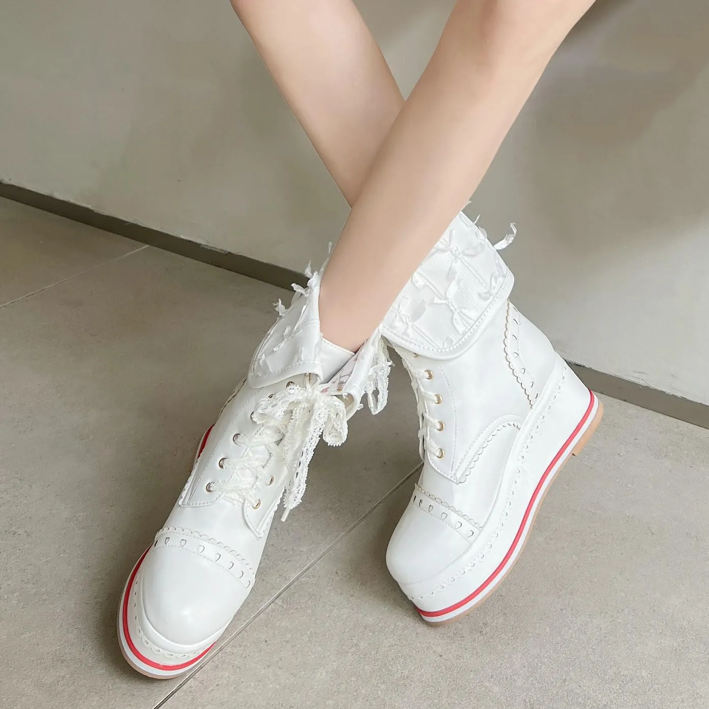 Betastella Women's Cute Platform Wedges Brogues Booties Heeled Kawaii Lace Up Ankle Boots