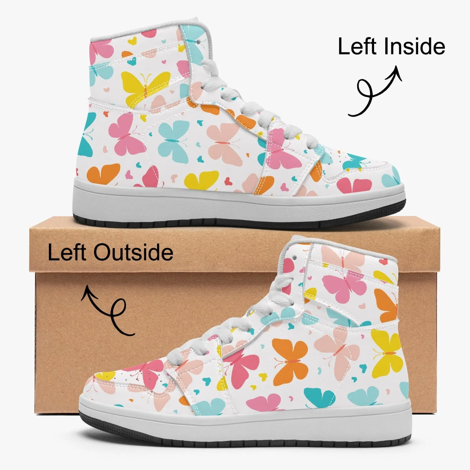 Chaussures montantes en cuir pour enfant "Papillons roses, bleus et jaunes"