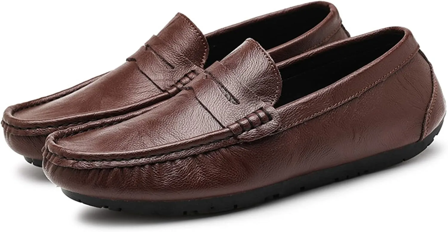 Driving Moccasins Smoking Loafer for Men Penny Loafer Genuine Leather Stitching Details Round Toe Resistant Anti-Slip Lightweight Casual Slip on for Any Attire