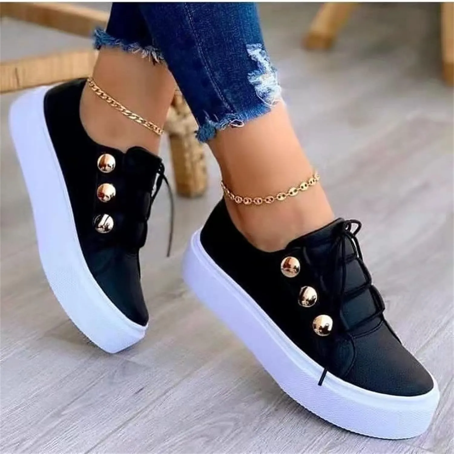 Ladmiple Shoes For Women Sneakers Trendy Low Top Lace-up Walking Shoes Fashion Summer Slip On Platform Flats Loafers