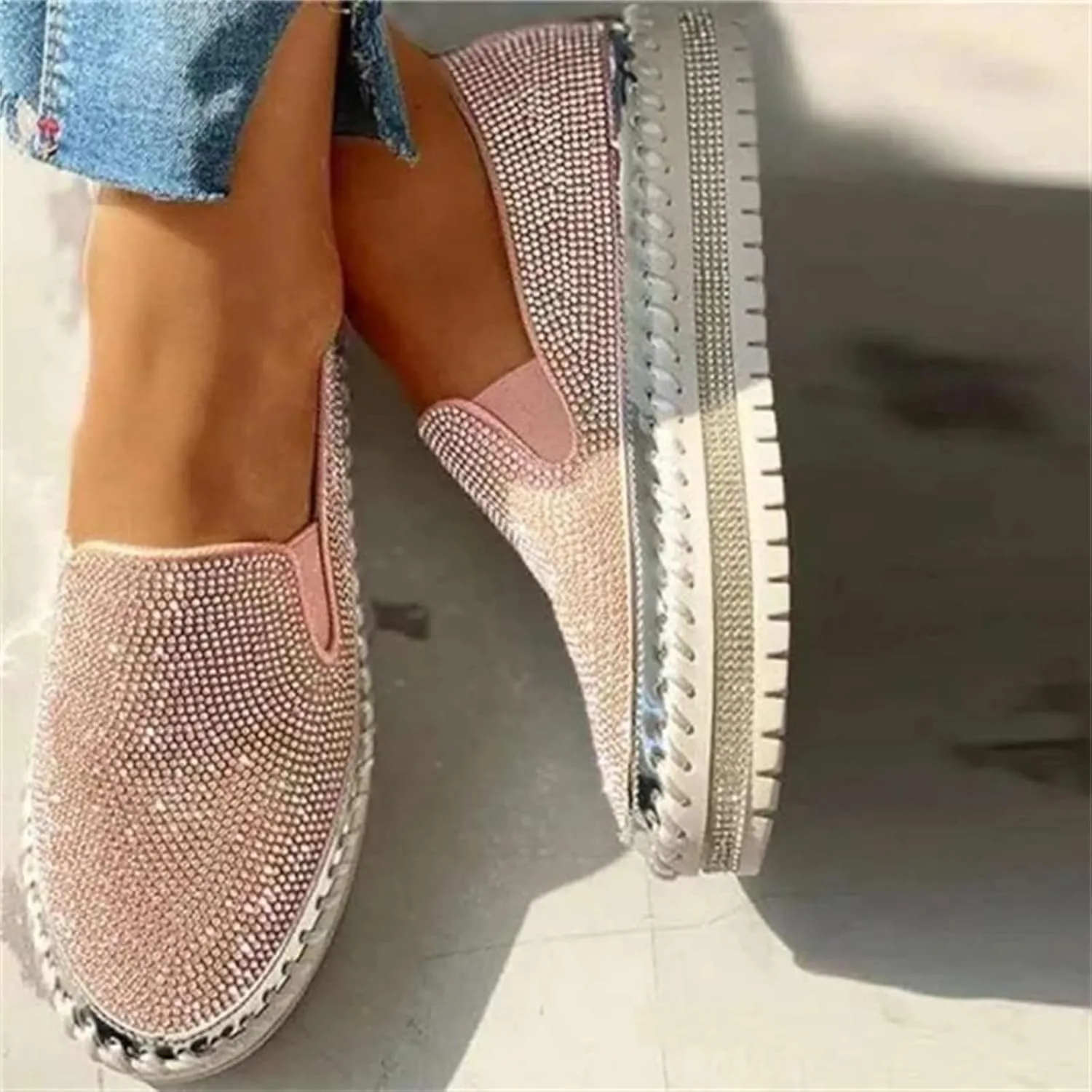 Ladmiple Sneakers For Women Walking Shoes Wide Width Glitter Sparkly Fashion Slip On Dressy Casual Summer Flats Loafers