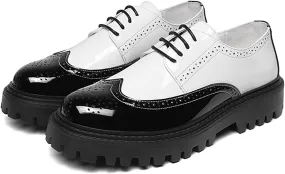 Men's Leather Lace up Platform Brogue Formal Oxford Shoes,Retro Lace up Color Matching Perforation Comfortable Round Toe Outdoor Party Wedding Night Club Height Increasing Loafers