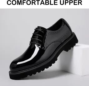 Men's Patent Leather Lace Up Platform Work Oxfords Round Toe Slip Resistant Low Top Lug Sole Brogues Dress Shoes Comfortable Business Formal Shoes