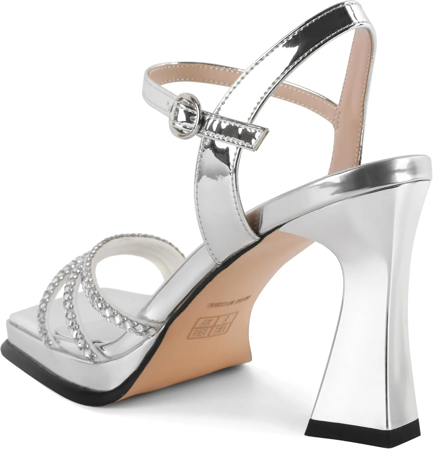 SAMMITOP Women's Double Bowknots Crystal Sandals Platform Chunky Heels Clear Square Toe Strappy Lace Up Rhinestone Dress Sandals Shoes 3.5 Inch