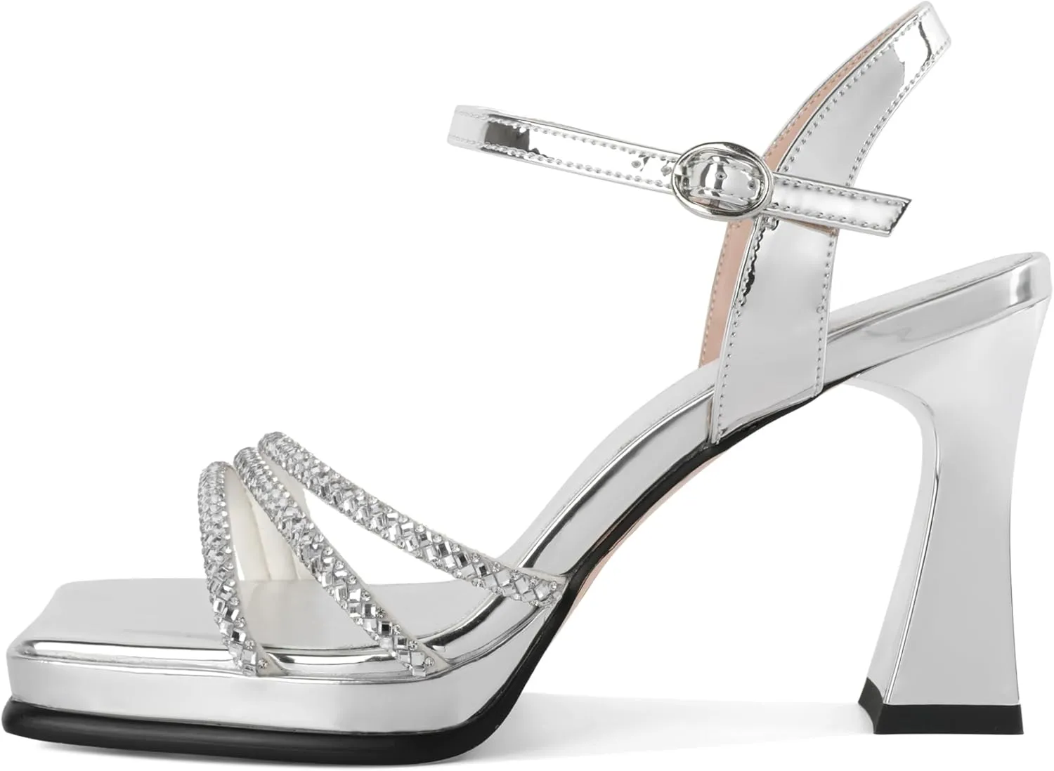 SAMMITOP Women's Double Bowknots Crystal Sandals Platform Chunky Heels Clear Square Toe Strappy Lace Up Rhinestone Dress Sandals Shoes 3.5 Inch
