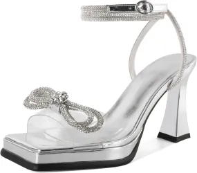 SAMMITOP Women's Double Bowknots Crystal Sandals Platform Chunky Heels Clear Square Toe Strappy Lace Up Rhinestone Dress Sandals Shoes 3.5 Inch