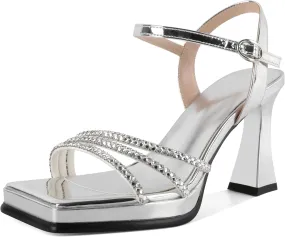 SAMMITOP Women's Double Bowknots Crystal Sandals Platform Chunky Heels Clear Square Toe Strappy Lace Up Rhinestone Dress Sandals Shoes 3.5 Inch